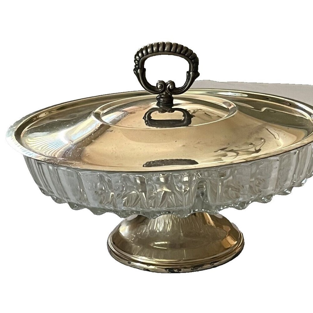 Vintage Hollywood Regency Glass Divided Serving Dish Footed‎ Covered Mid Century